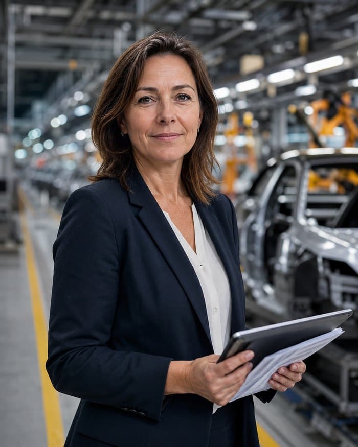 Interim Qualitätsleiterin mit Prüfunterlagen in einem Automobilwerk (KI-generiertes Symbolbild)